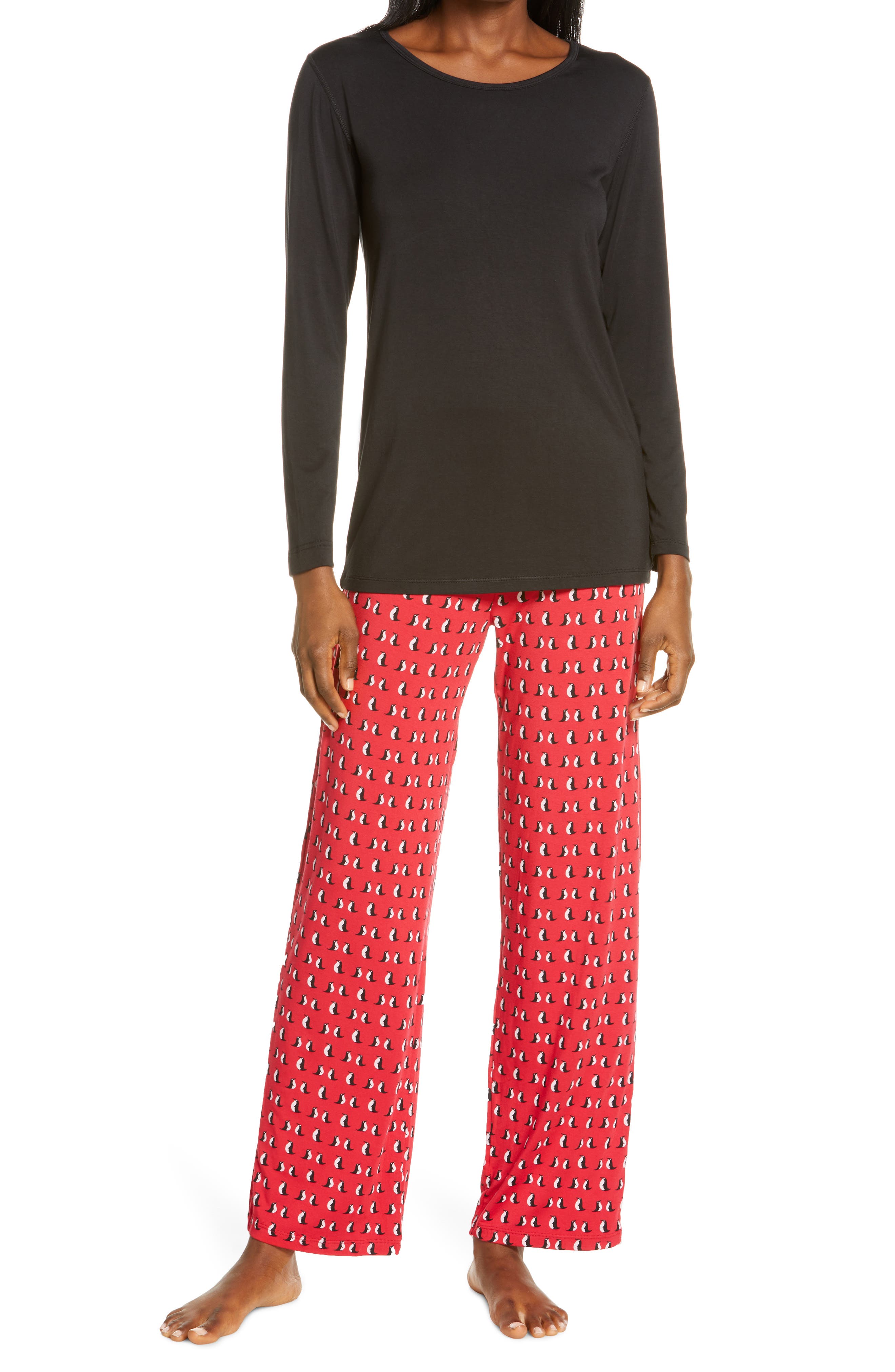 KicKee Pants Loosey Goose Penguin Print Pajamas in Crimson Penguins at Nordstrom