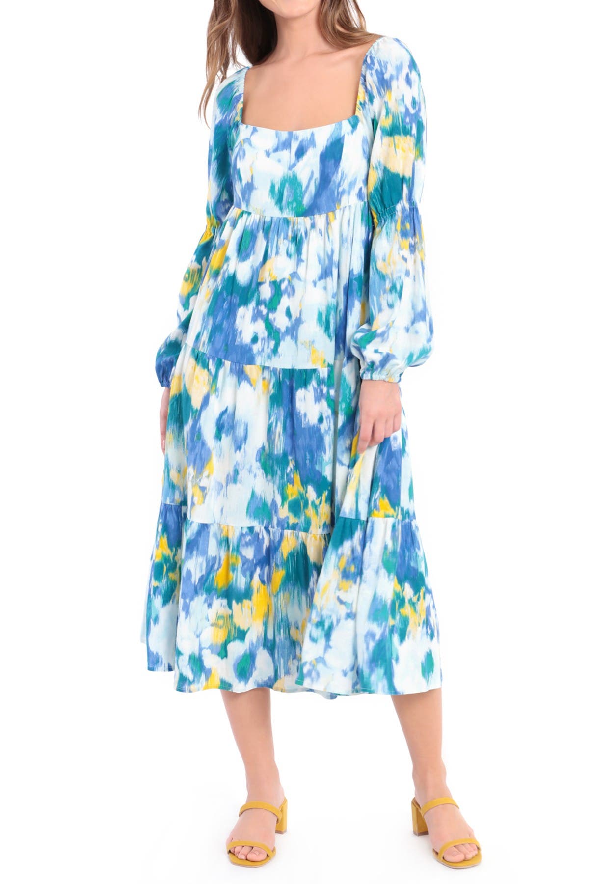 Donna Morgan Printed Linen Blend Tiered Midi Babydoll Dress In Sfwh/teal |  ModeSens