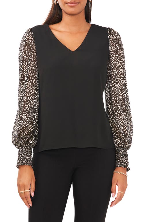 Chaus V-Neck Smocked Cuff Blouse Black/Gold at Nordstrom,