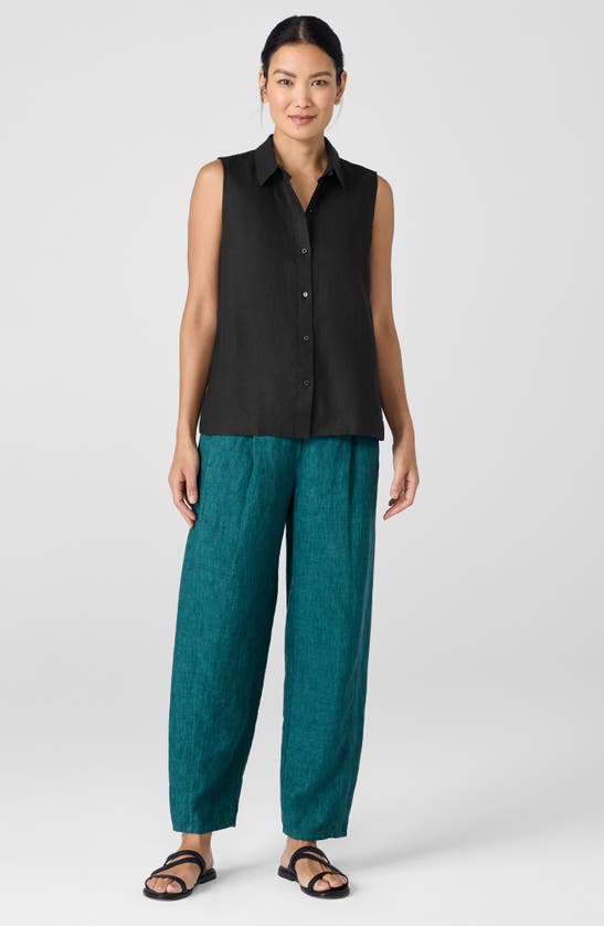 Shop Eileen Fisher Classic Sleeveless Organic Linen Button-up Shirt In Black