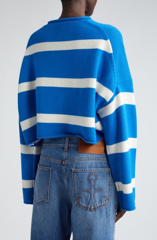 Shop Jw Anderson Anchor Logo Stripe Crop Sweater In Blue/ White