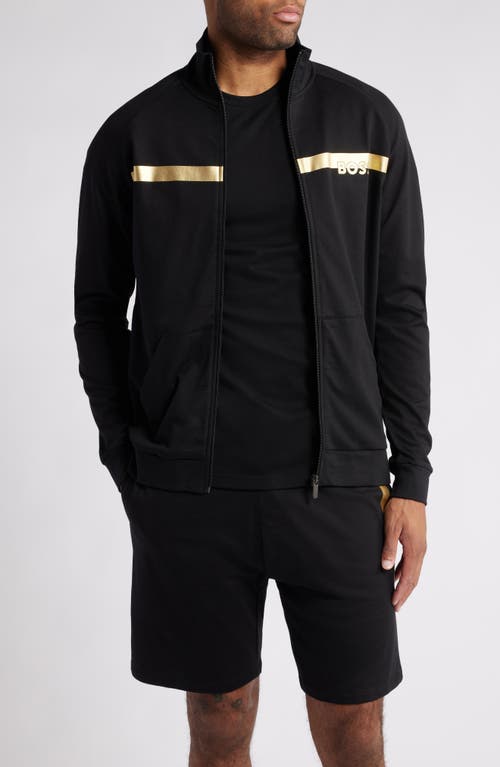 Hugo Boss Cotton-terry Zip-up Jacket With Metallic Logo In Black