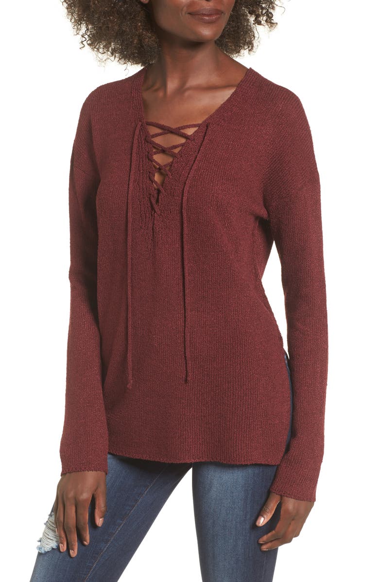 ASTR THE LABEL ASTR Lace-Up Sweater, Main, color, BURGUNDY