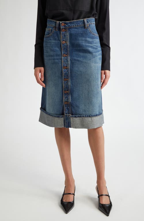 Shop Victoria Beckham Cuff Denim A-line Skirt In Heavy Vintage Indigo Wash