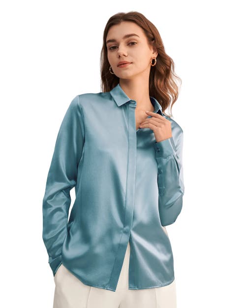 Shop Lilysilk Basic Concealed Placket Silk Shirt In Blue Haze