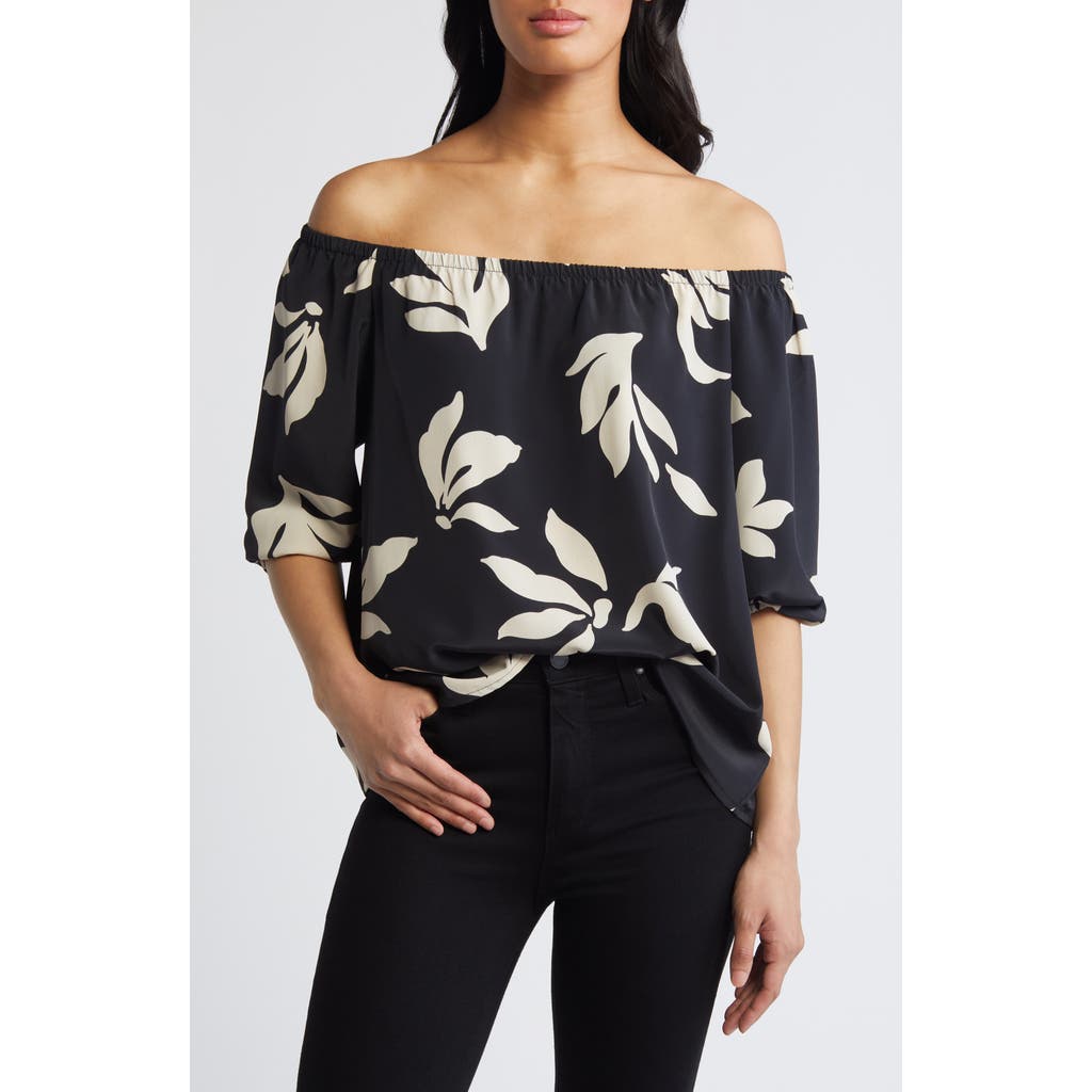 Loveappella Floral Print Off The Shoulder Top In Black/nat