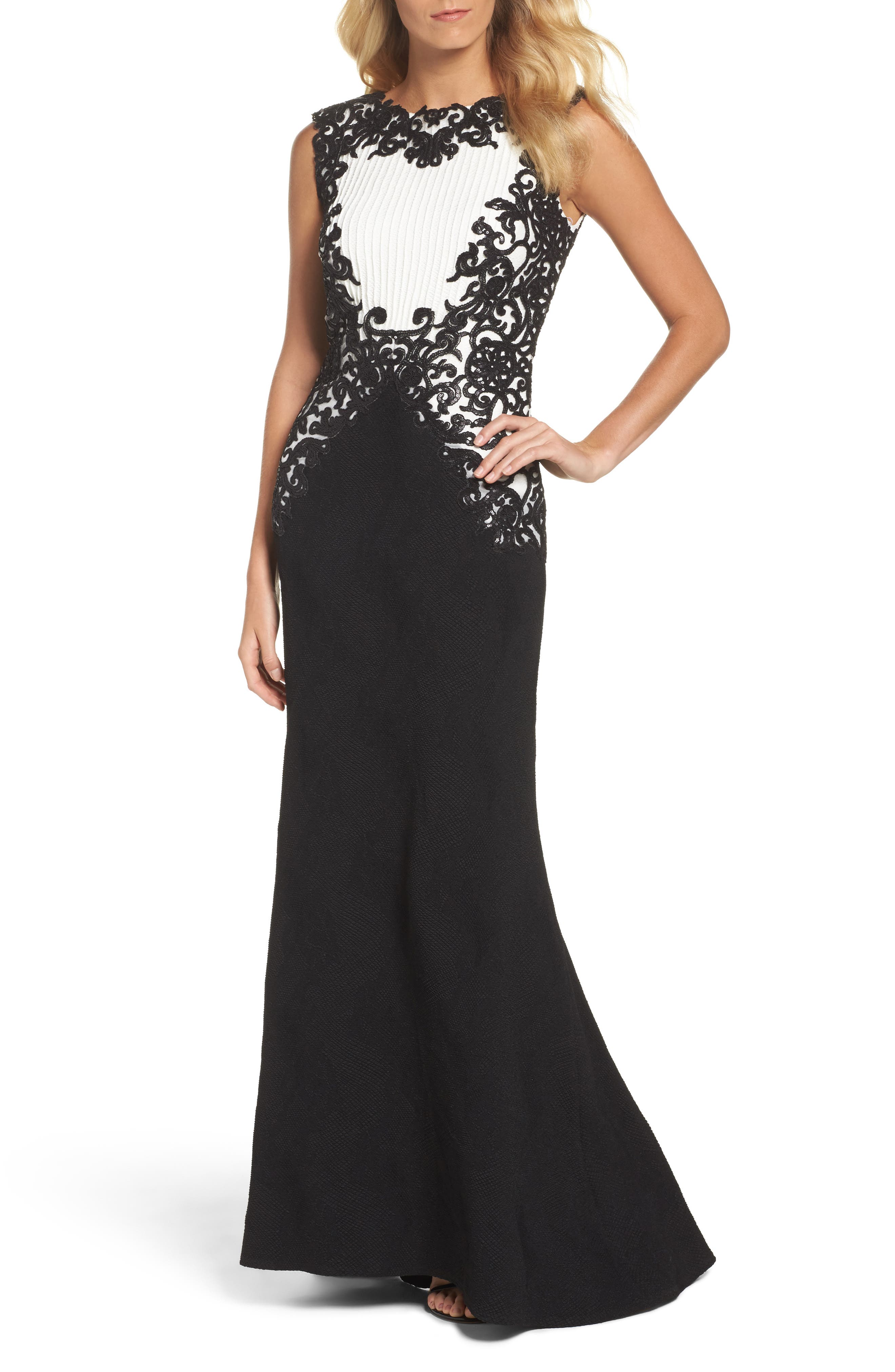 Tadashi Shoji Sequin Embroidered Textured Crepe Gown (Regular & Petite