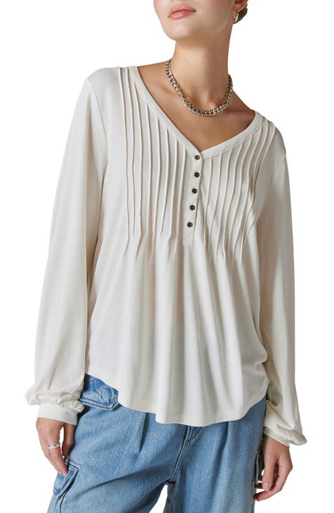 Lucky Brand Women's Long Sleeve V Neck Tie Front Top