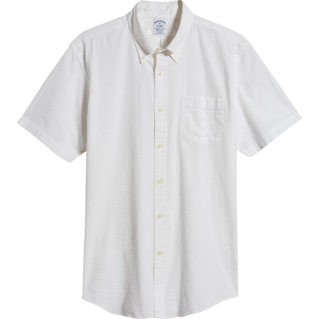 Brooks Brothers Regular Fit Solid Cotton Seersucker Short Sleeve Button-down Shirt In White