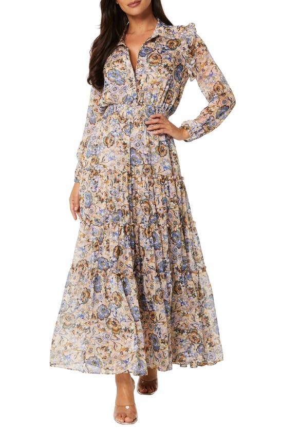 MISA AHREANA FLORAL PRINT LONG SLEEVE MAXI DRESS