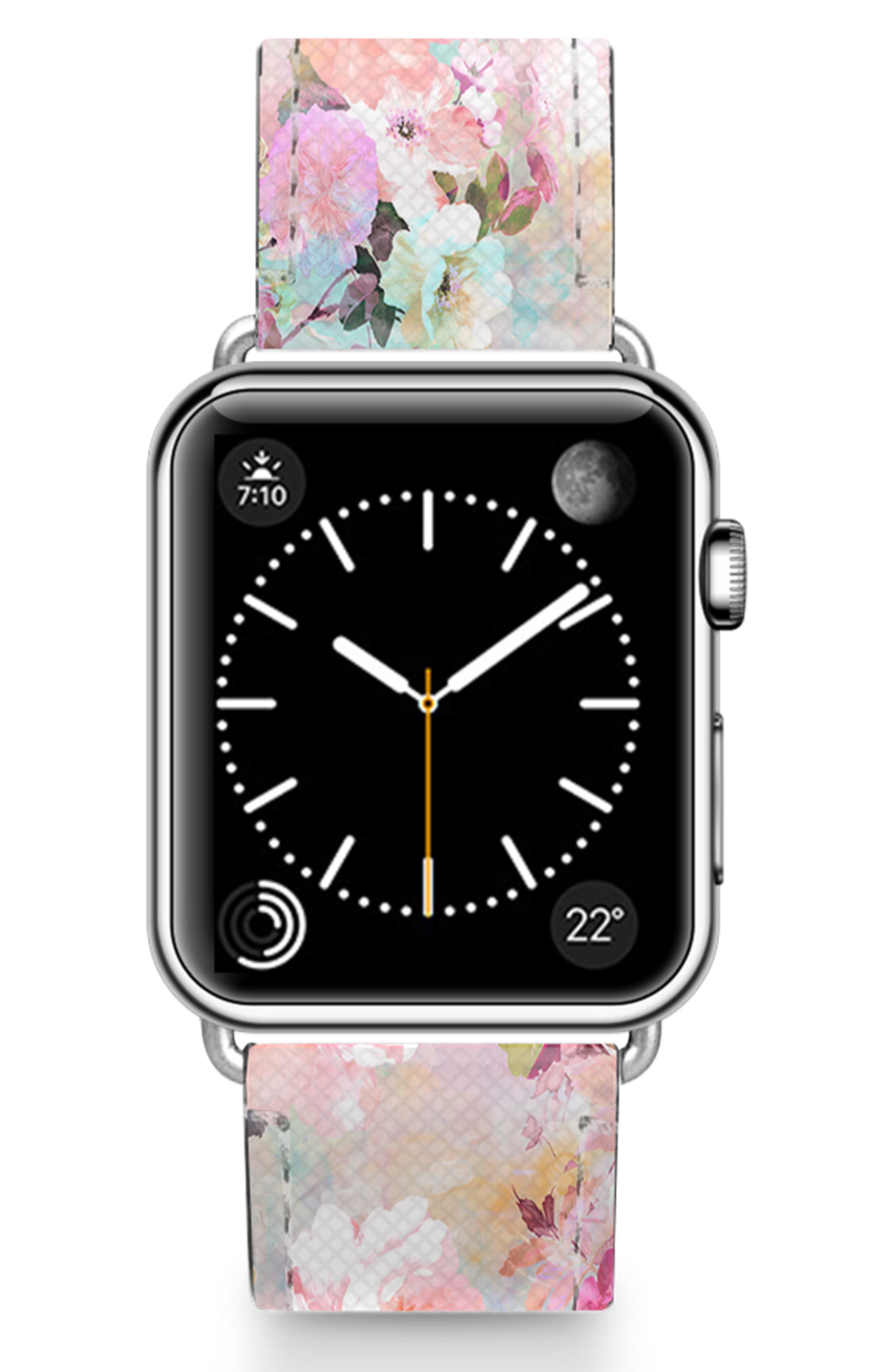 CASETiFY Romantic Watercolor Flowers Saffiano Faux Leather Apple Watch Band in Pink/Silver at Nordstrom