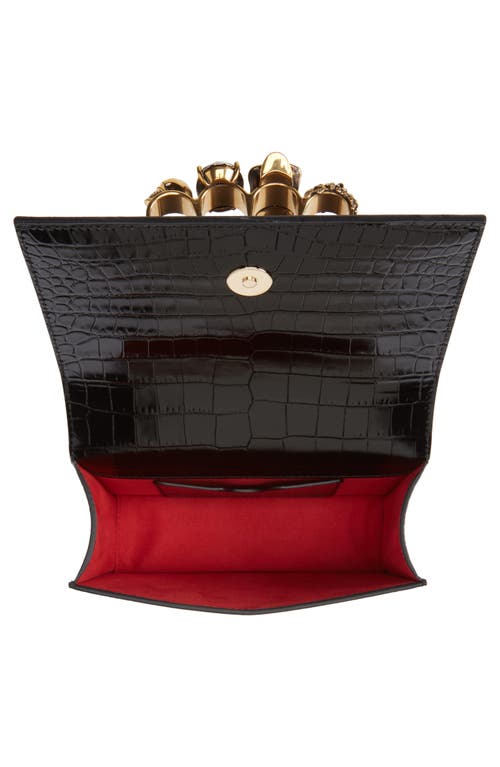 Alexander Mcqueen Mini Jeweled Croc Embossed Leather Satchel In Black