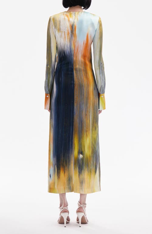 Shop Oscar De La Renta Abstract Brushstroke Print Long Sleeve Midi Dress In Calendula Multi