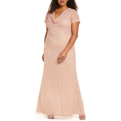 Plus Size Js Collections Cowl Neck Beaded Mesh Gown, Pink