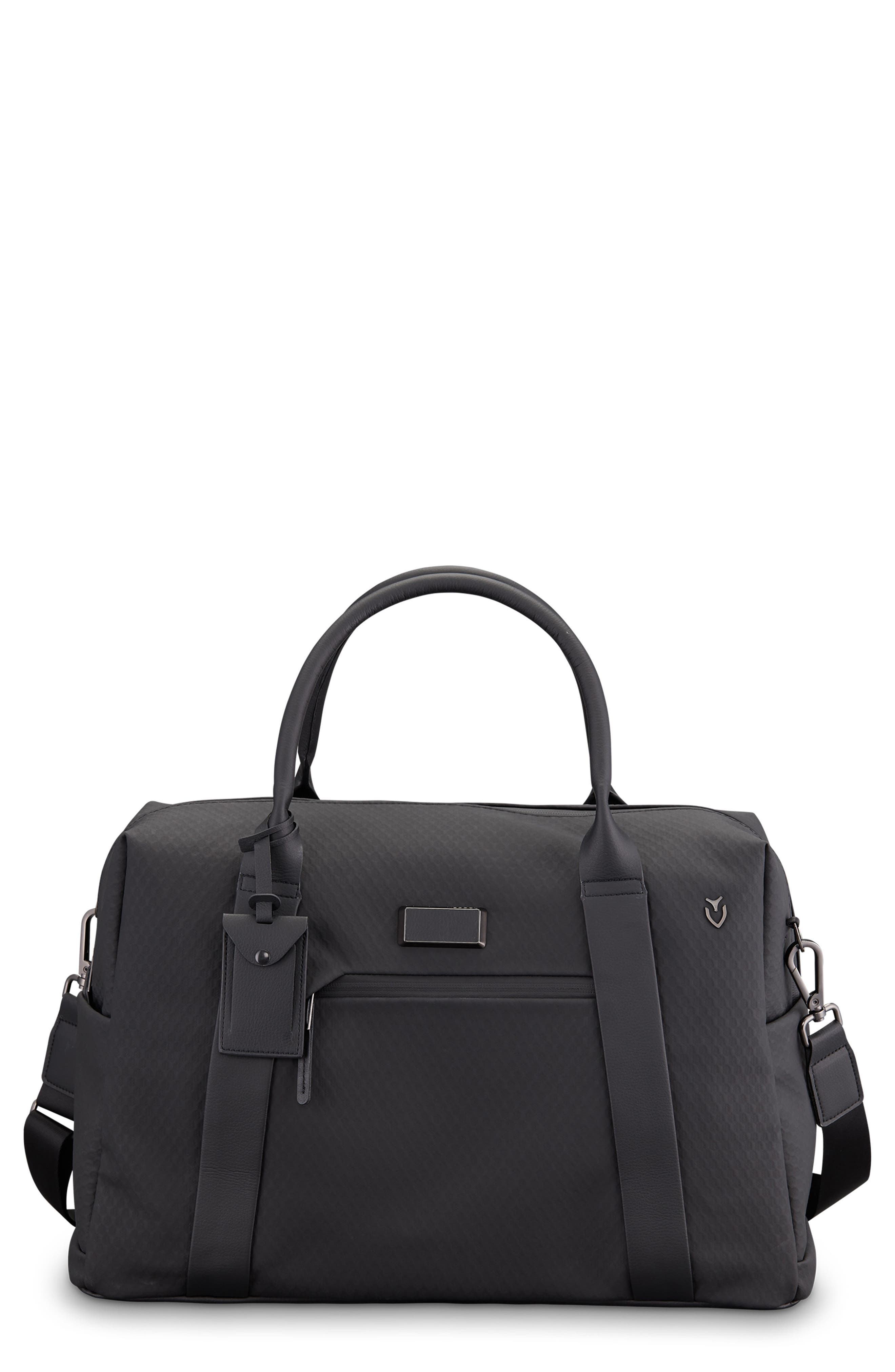 black faux leather duffle bag