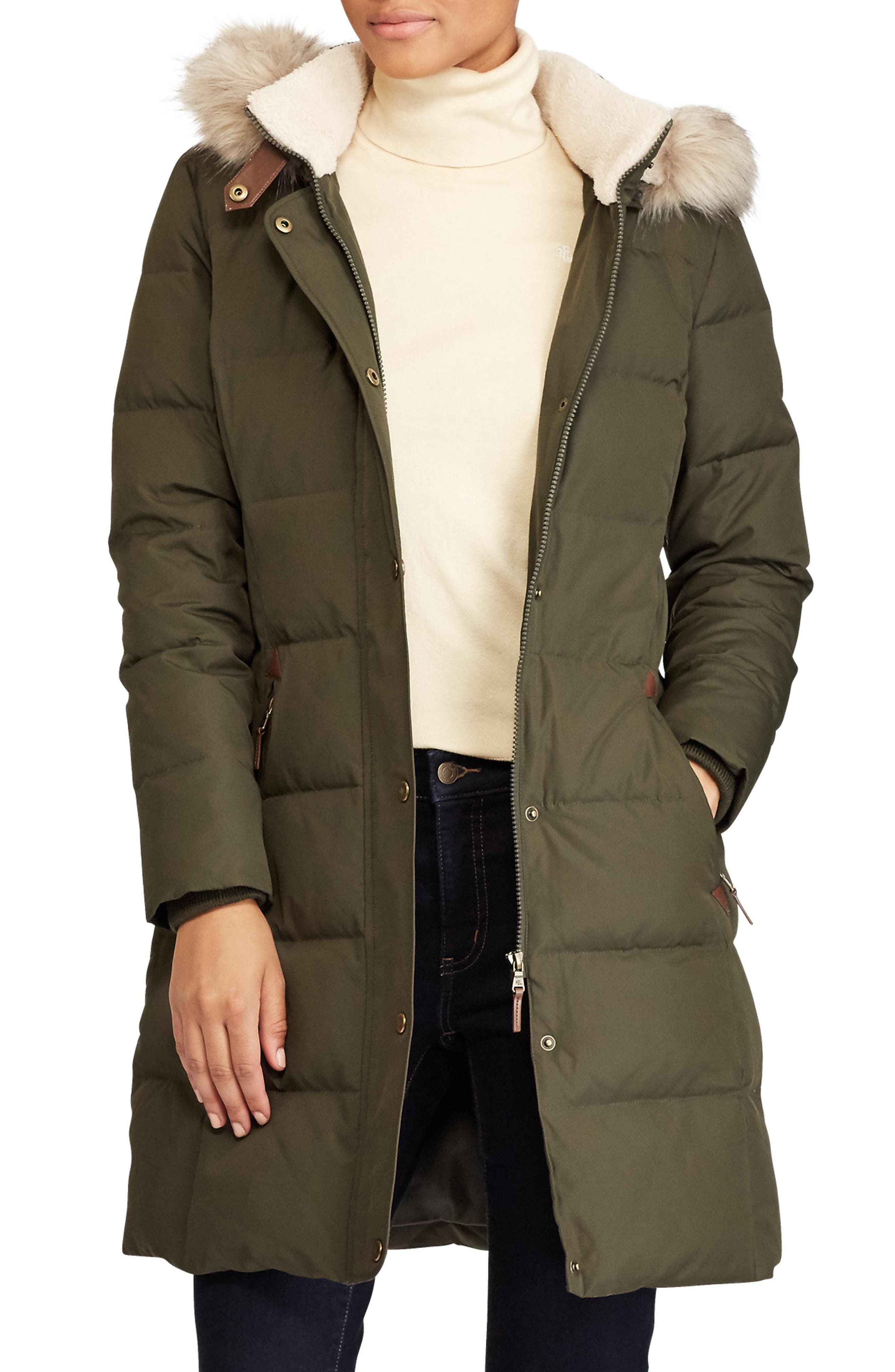 ralph lauren faux fur trim hooded down coat