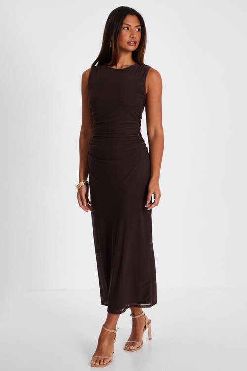 Shop Quiz Mesh Ruched Bodycon Maxi Dress In Brown