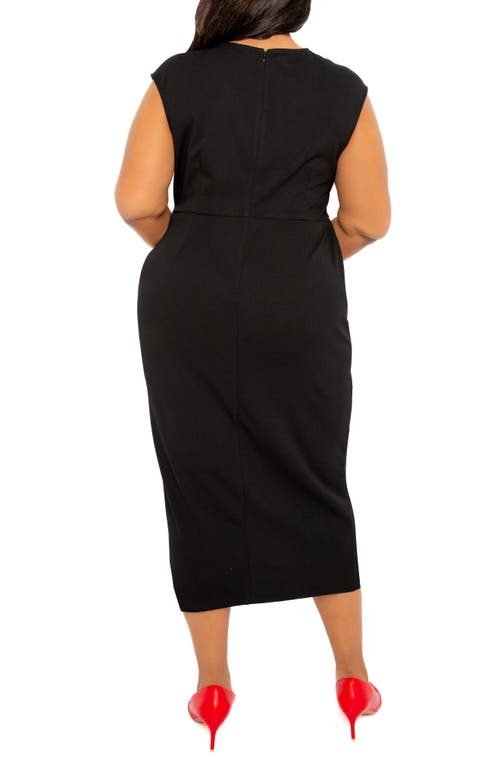 Shop Buxom Couture Asymmetric Button Detail Faux Wrap Midi Dress In Black