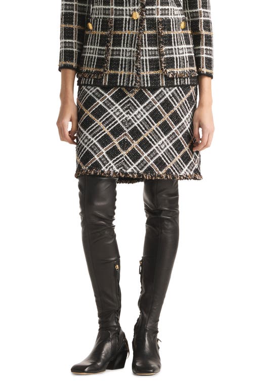 Sparkle Plaid Raw Edge A-Line Skirt in Black/Ecru/Gold Multi
