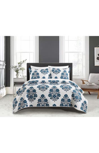 Chic Morris Floral Medallion 7-piece Quilted Comforter Set In Blue