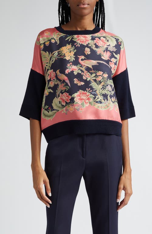 Shop Etro Mixed Media Silk & Wool Sweater In Coral/navy