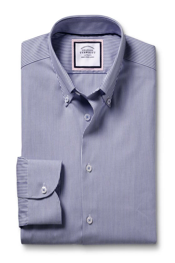 Shop Charles Tyrwhitt Stripe Non-iron Button-down Oxford Slim Fit Shirt Single Cuff In Cobalt Blue