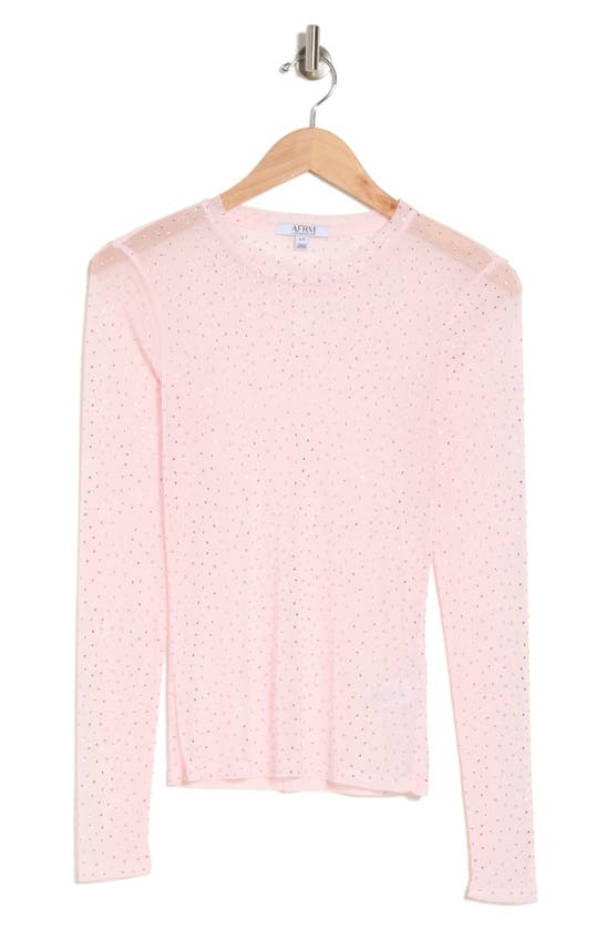 Afrm Sunny Rhinestone Long Sleeve Mesh Top In Pink