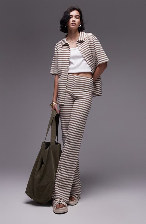 Topshop Stripe Thermal Knit Wide Leg Pants In Stone