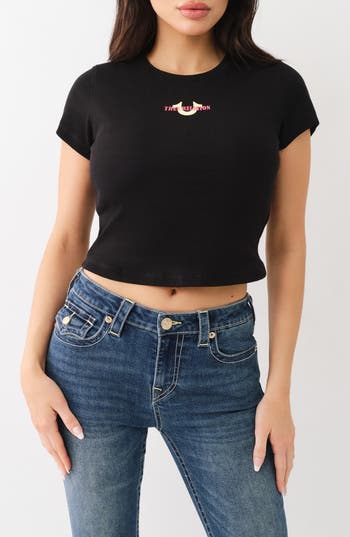 True Religion Brand Jeans Rib Graphic Baby Tee In Black