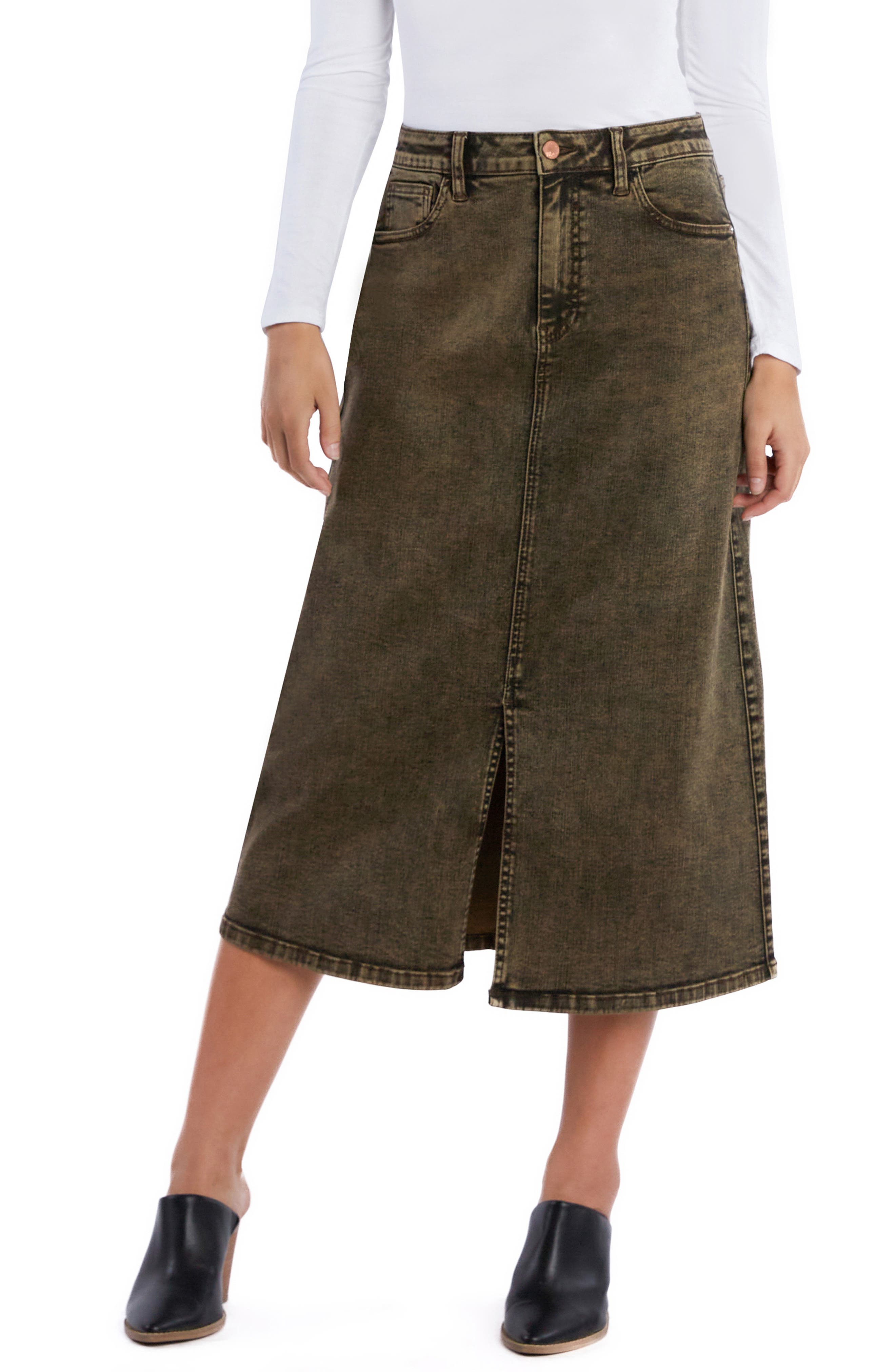 Wash Lab Denim Mallory Denim Midi Skirt in Brown Honey Cover