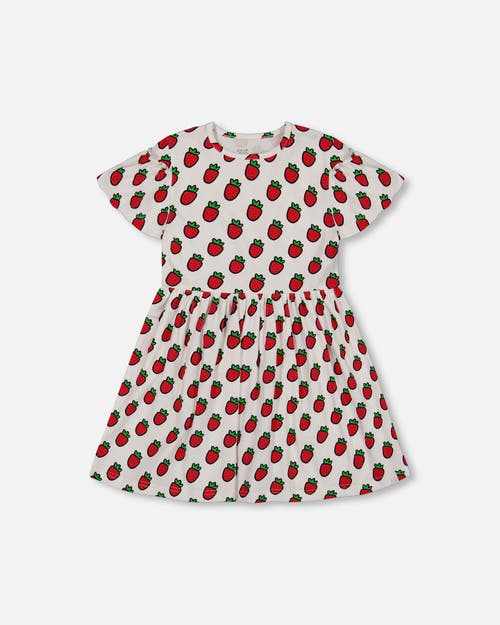 Deux Par Deux Girl's Organic Cotton Dress With Flounce Sleeves White Printed Pop Strawberry at Nordstrom, Size 10
