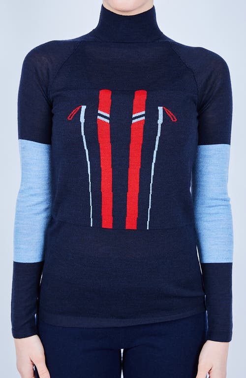 Shop L'etoile Sport Merino Mock Neck Ski Sweater In Navy With Red, Light Blue Trim