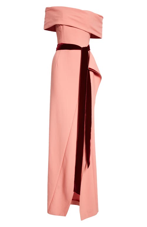 Shop Oscar De La Renta Asymmetric Belted Off The Shoulder Virgin Wool Blend Gown In Rouge