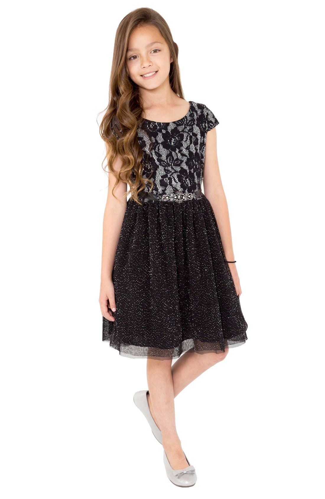 BLUSH by Us Angels Glitter Lace Skater Dress (Big Girls) Nordstrom