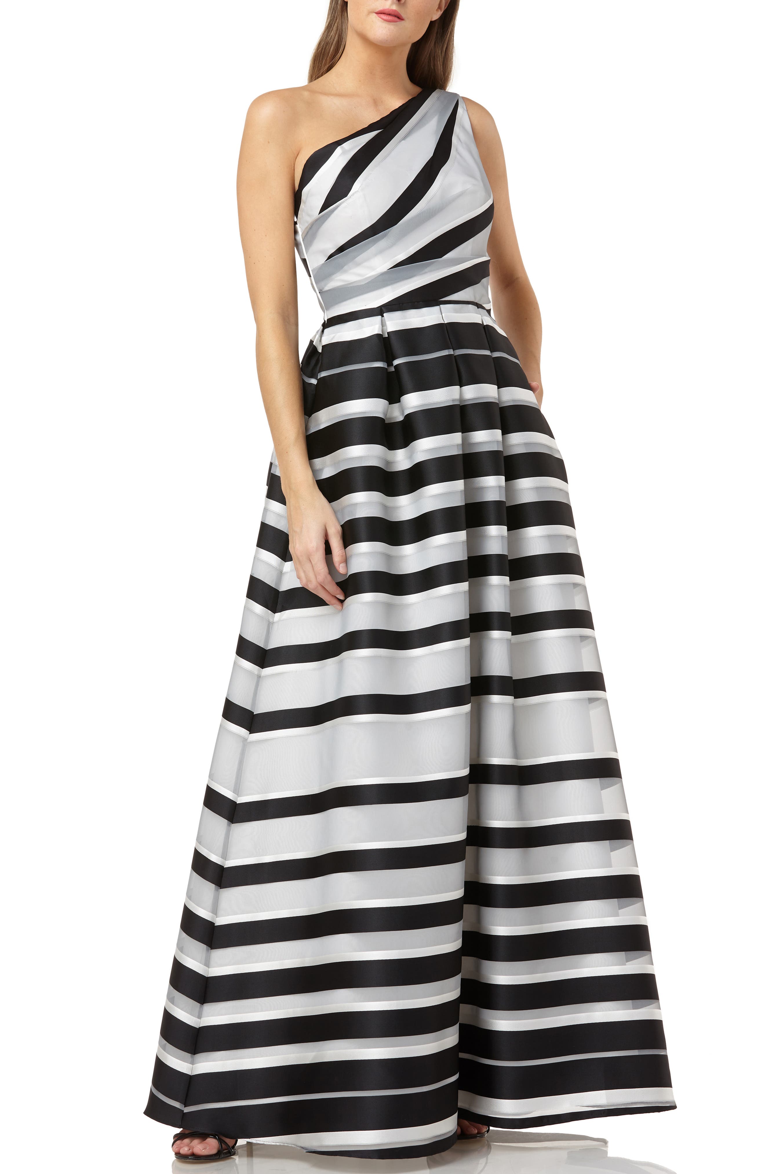Carmen Marc Valvo Infusion Stripe One-Shoulder Ballgown, Black