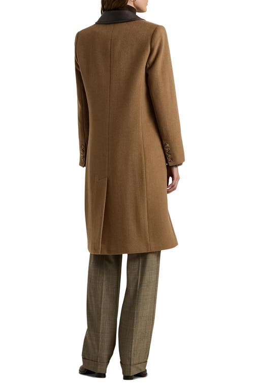 Shop Lauren Ralph Lauren Faux Leather Trim Double Breasted Wool Blend Reefer Coat In New Vicuna