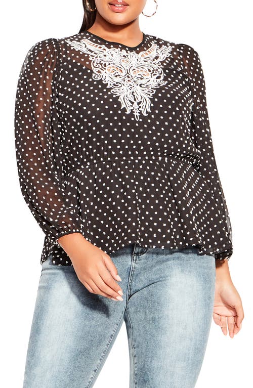 City Chic Verity Embroidered Dobby Peplum Blouse in Black Camelia Fl