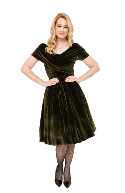 Shop Unique Vintage Shirred Off Shoulder Swing Dress In Olive Green
