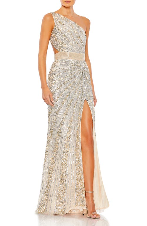 Mac Duggal Sequin Beaded Lace-Up Gown Nude Silver at Nordstrom,