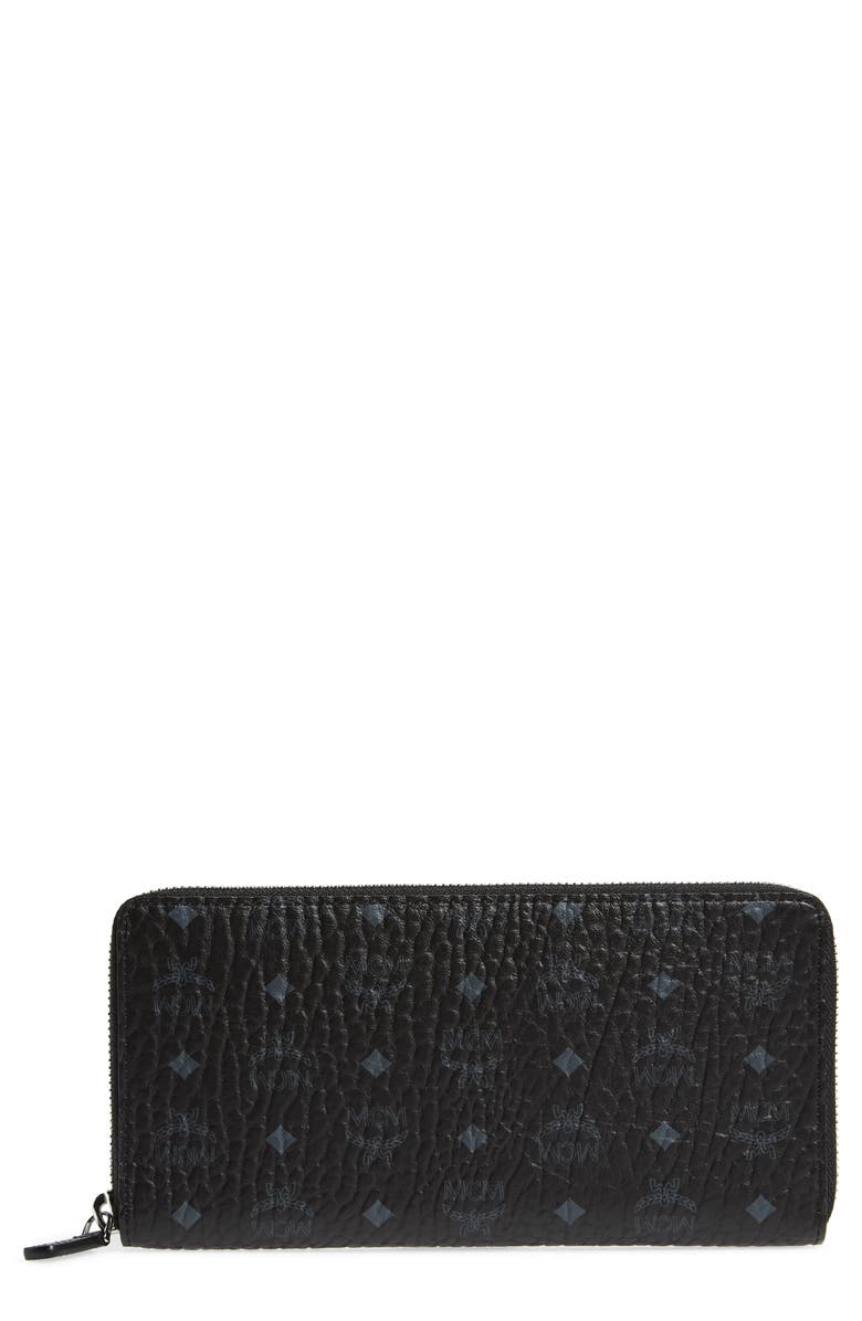 MCM Visetos Original Zip Around Coated Canvas Wallet, Main, color, BLACK