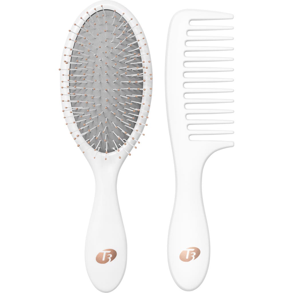 T3 Detangle Duo Detangling Brush And Shower Comb Set In White And Rose-gold