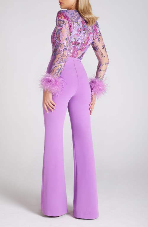 Shop Nadine Merabi Michaela Ostrich & Turkey Feather Belted Long Sleeve Jumpsuit In Medium Purple