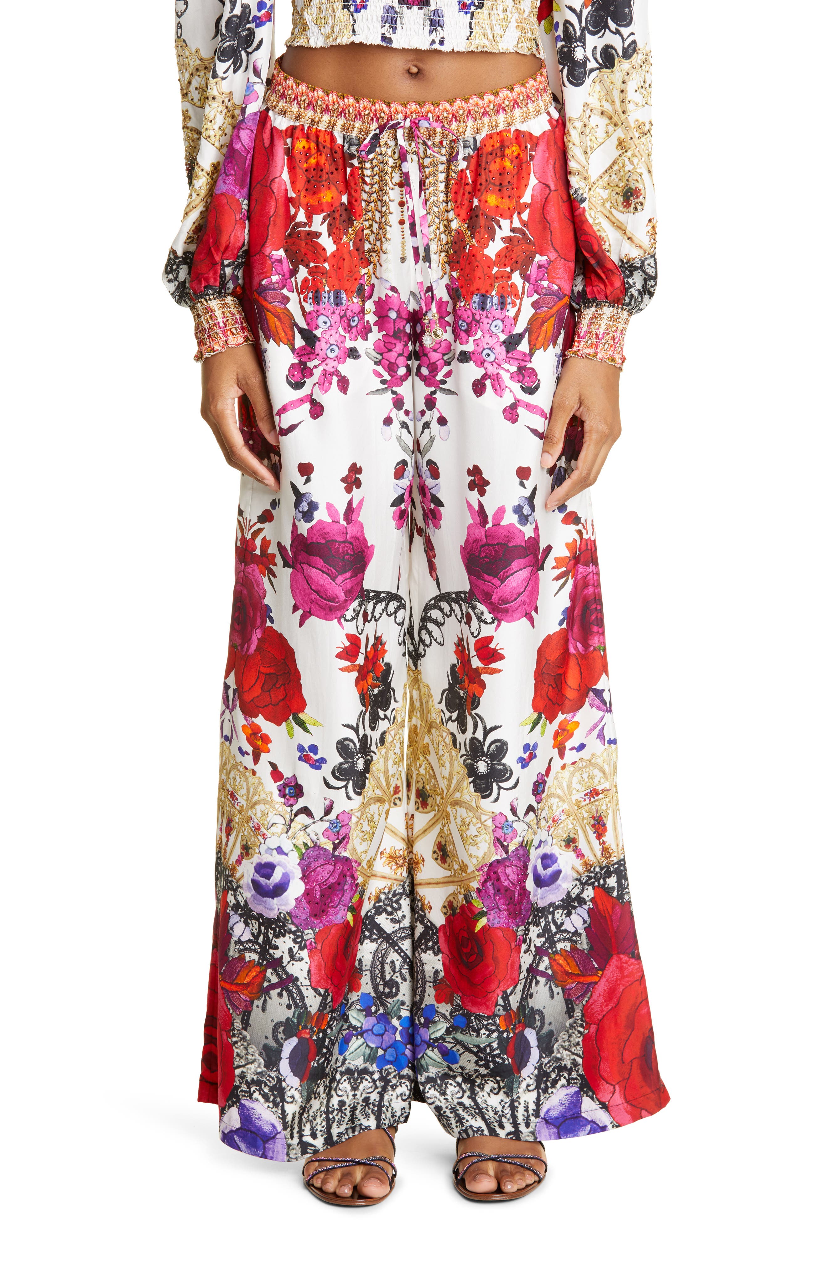 Camilla Rose Print Wide Leg Silk Pants 