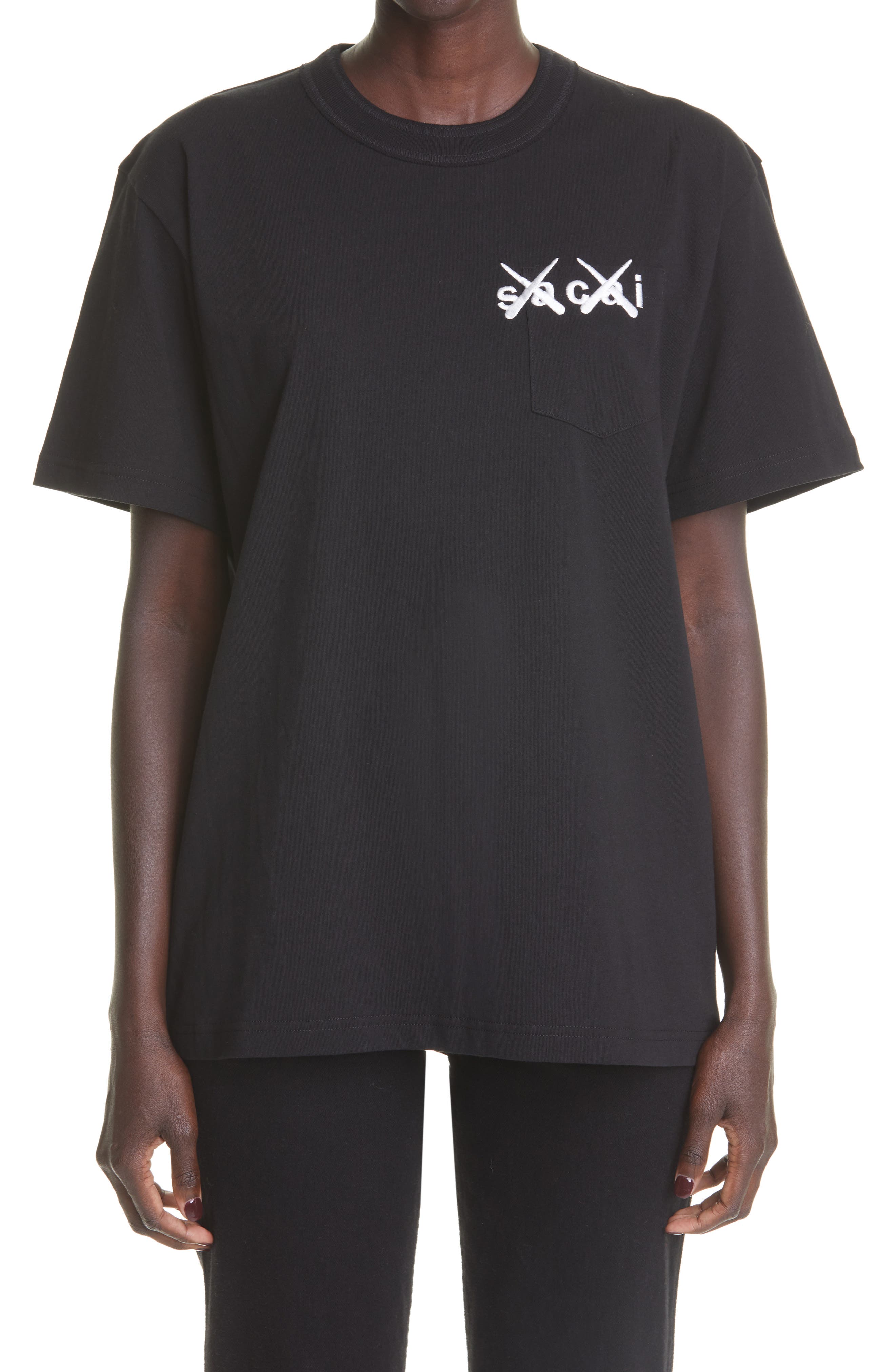 Sacai x KAWS Graffiti Tag Embroidered T-Shirt in Black/White at Nordstrom, Size 2