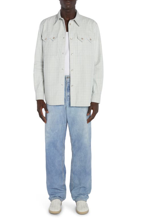 Shop Bottega Veneta Check Print Leather Snap-up Western Shirt In White/grey/mint