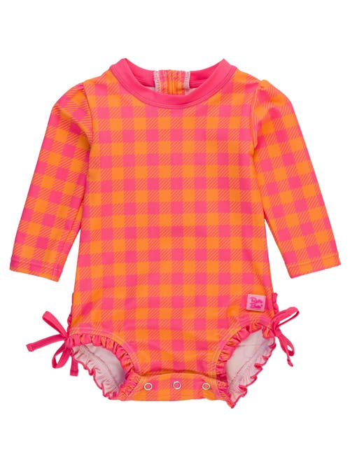 Shop Rufflebutts Baby Girls Long Sleeve Upf50+ One Piece Rash Guard In Sunset Sorbet Gingham