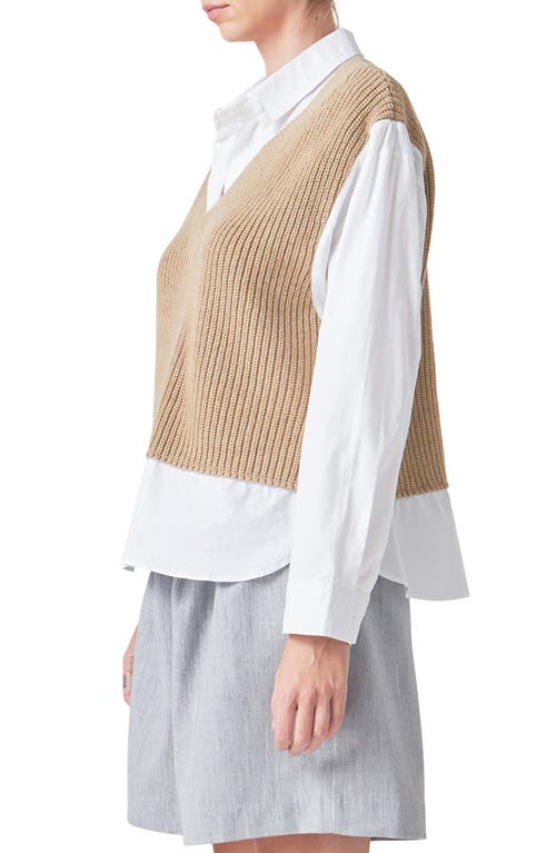 Grey Lab Layered Look Sweater & Shirt In Tan/white