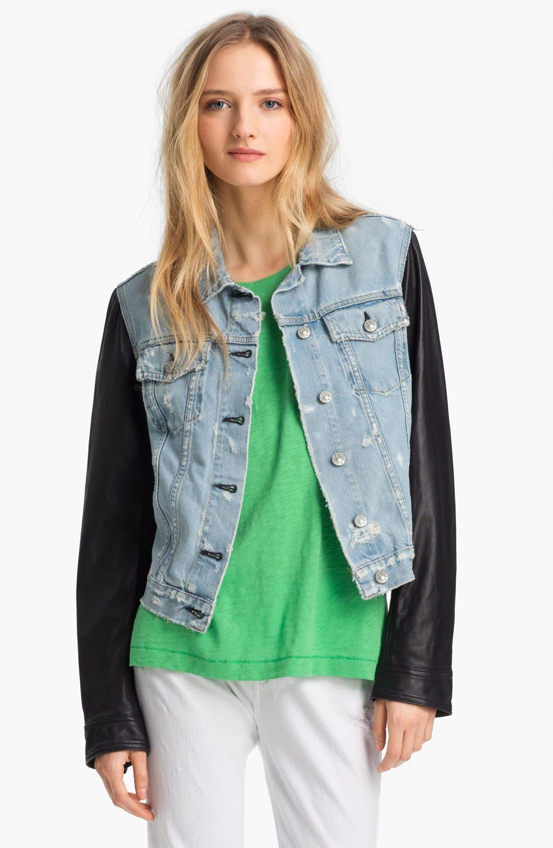 rag and bone denim jacket with leather sleeves