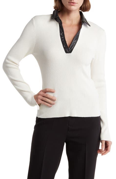 Faux Leather Collar Sweater