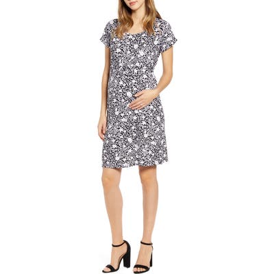 Angel Maternity Floral Short Sleeve Drawstring Maternity Dress, Black